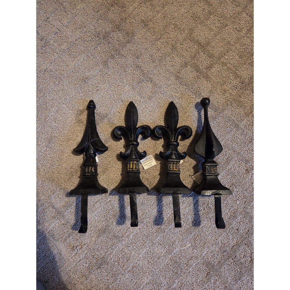 Vintage Cast Iron Stocking Holders – Set of 4 – Ornate Fleur-de-Lis